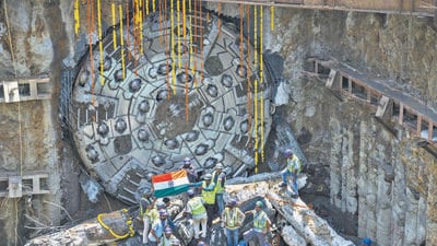 Mumbai, India - April 17, 2025: The first TBM tunnel breakthrough was achieved by the Mumbai Metropolitan Region Development Authority (MMRDA) for Metro Line 7A. This marks the successful completion of a 1.647-kilometer tunnel between Andheri (East) and Chhatrapati Shivaji Maharaj International Airport (CSMIA). The TBM, named "Disha," is the first underground tunnel constructed by MMRDA for its metro network in Mumbai, India, on Thursday, April 17, 2025. (Photo by Satish Bate/ Hindustan Times) (Hindustan Times) Mumbai, India - April 17, 2025: The first TBM tunnel breakthrough was achieved by the Mumbai Metropolitan Region Development Authority (MMRDA) for Metro Line 7A. This marks the successful completion of a 1.647-kilometer tunnel between Andheri (East) and Chhatrapati Shivaji Maharaj International Airport (CSMIA). The TBM, named "Disha," is the first underground tunnel constructed by MMRDA for its metro network in Mumbai, India, on Thursday, April 17, 2025. (Photo by Satish Bate/ Hindustan Times) (Hindustan Times)