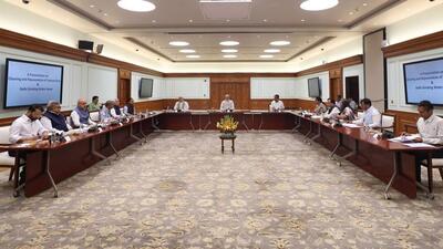 Prime Minister Narendra Modi chairs the meeting on the rejuvenation of the Yamuna at his residence in New Delhi on Thursday. (Delhi govt) Prime Minister Narendra Modi chairs the meeting on the rejuvenation of the Yamuna at his residence in New Delhi on Thursday. (Delhi govt)