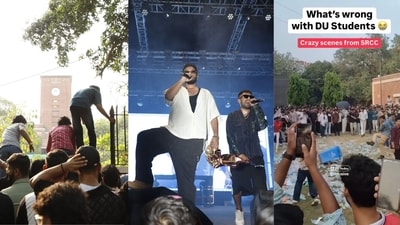 Scenes from the SRCC campus in Maurice Nagar, where Seedhe Maut performed after much chaos due to overcrowding. (Photos: Shantanu Bhattacharya/HT and Instagram)
