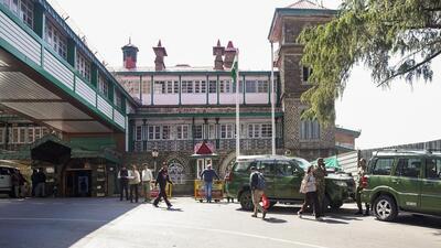 Security personnel outside the Himachal Pradesh secretariat after it received a bomb threat via email in Shimla on Thursday. (PTI)