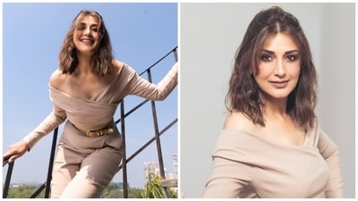 If black pants feel boring, swap for a beige pair, à la Sonali Bendre, instead. (Instagram/ Sonali Bendre) If black pants feel boring, swap for a beige pair, à la Sonali Bendre, instead. (Instagram/ Sonali Bendre)