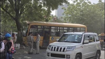The damaged bus. (HT Photo) The damaged bus. (HT Photo)