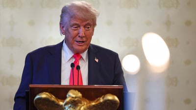 President Donald Trump speaks during an Easter prayer service and dinner in the Blue Room of the White House in Washington, Wednesday, April 16, 2025. (Pool via AP) (AP) President Donald Trump speaks during an Easter prayer service and dinner in the Blue Room of the White House in Washington, Wednesday, April 16, 2025. (Pool via AP) (AP)