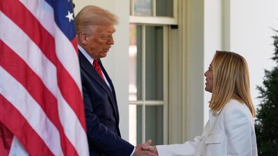 President Donald Trump greets Italy's Prime Minister Giorgia Meloni at the White House, Thursday, April 17, 2025, in Washington. (AP Photo/Alex Brandon) (AP) President Donald Trump greets Italy's Prime Minister Giorgia Meloni at the White House, Thursday, April 17, 2025, in Washington. (AP Photo/Alex Brandon) (AP)