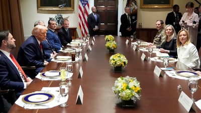 President Donald Trump and Italy's Prime Minister Giorgia Meloni are seated before lunch in the Cabinet Room of the White House, Thursday, April 17, 2025, in Washington. (AP Photo/Alex Brandon) (AP) President Donald Trump and Italy's Prime Minister Giorgia Meloni are seated before lunch in the Cabinet Room of the White House, Thursday, April 17, 2025, in Washington. (AP Photo/Alex Brandon) (AP)