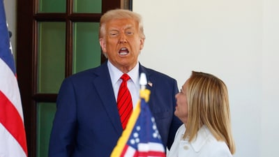 President Donald Trump, left, speaks as he greets Italy's Prime Minister Giorgia Meloni upon her arrival at the White House, Thursday, April 17, 2025, in Washington. (AP Photo/Tom Brenner) (AP) President Donald Trump, left, speaks as he greets Italy's Prime Minister Giorgia Meloni upon her arrival at the White House, Thursday, April 17, 2025, in Washington. (AP Photo/Tom Brenner) (AP)