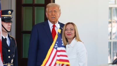 President Donald Trump, center, greets Italy's Prime Minister Giorgia Meloni, right, upon her arrival at the White House, Thursday, April 17, 2025, in Washington. (AP)