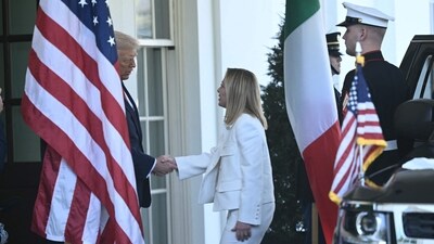 US President Donald Trump greets Italian Prime Minister Giorgia Meloni at the West Wing Wing entrance to the White House in Washington, DC, on April 17, 2025. Italy's Prime Minister Giorgia Meloni meets with Donald Trump Thursday in Washington, hoping a personal charm offensive can help convince the US president to cut a more favourable deal on EU tariffs. (Photo by Brendan SMIALOWSKI / AFP) (AFP) US President Donald Trump greets Italian Prime Minister Giorgia Meloni at the West Wing Wing entrance to the White House in Washington, DC, on April 17, 2025. Italy's Prime Minister Giorgia Meloni meets with Donald Trump Thursday in Washington, hoping a personal charm offensive can help convince the US president to cut a more favourable deal on EU tariffs. (Photo by Brendan SMIALOWSKI / AFP) (AFP)