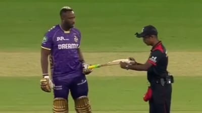 Andre Russell was asked to get his bat checked before the innings against PBKS (X) Andre Russell was asked to get his bat checked before the innings against PBKS (X)
