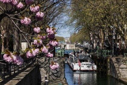 This photograph shows a cherry tree in blossom along the Canal Saint-Martin in Paris on April 6 , 2025. (Photo by JOEL SAGET / AFP) (AFP)