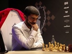 Chess grandmaster and World Champion Gukesh Dommaraju competes during of the Freestyle Chess Grand Slam Tour in Paris.