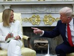 US President Donald Trump meets with Italian Prime Minister Giorgia Meloni in the Oval Office at the White House in Washington, DC. on April 17, 2025. 