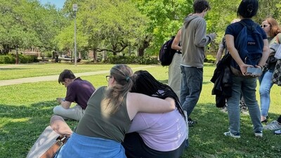People comfort each other on Florida State University's campus in Tallahassee, where law enforcement responded to a reported active shooter incident on April 17, 2025. (AP) People comfort each other on Florida State University's campus in Tallahassee, where law enforcement responded to a reported active shooter incident on April 17, 2025. (AP)