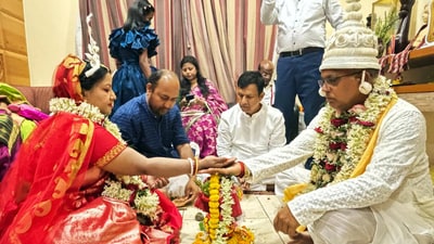 Dilip Ghosh, 60, married party colleague Rinku Majumdar, whom he has known since 2021 at his residence in Kolkata. (ANI) Dilip Ghosh, 60, married party colleague Rinku Majumdar, whom he has known since 2021 at his residence in Kolkata. (ANI)