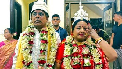 While Dilip Ghosh has been a bachelor, this is Majumdar's second marriage, and she has a son. (ANI) While Dilip Ghosh has been a bachelor, this is Majumdar's second marriage, and she has a son. (ANI)