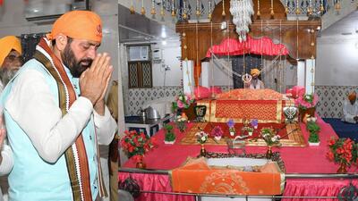 Haryana chief minister Nayab Singh Saini paying obeisance at a gurdwara in Beed Mathana village on the birth anniversary of the ninth Sikh Guru, Guru Teg Bahadur on Friday. (Sourced)
