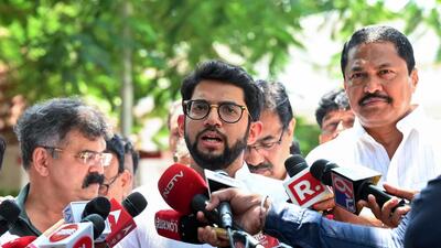 Mumbai, Mar 20 (ANI): Shiv Sena (UBT) leader Aaditya Thackeray speaks to the media after meeting Maharashtra Governor C. P. Radhakrishnan, at Raj Bhavan in Mumbai on Thursday. Congress MLA Nana Patole and others also present. (ANI Photo) (Deepak Salvi) Mumbai, Mar 20 (ANI): Shiv Sena (UBT) leader Aaditya Thackeray speaks to the media after meeting Maharashtra Governor C. P. Radhakrishnan, at Raj Bhavan in Mumbai on Thursday. Congress MLA Nana Patole and others also present. (ANI Photo) (Deepak Salvi)