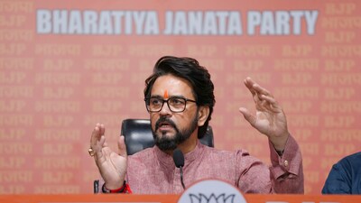 BJP leader Anurag Thakur addresses a press conference at the party's headquarters, in New Delhi, Friday, April 18, 2025. (PTI) BJP leader Anurag Thakur addresses a press conference at the party's headquarters, in New Delhi, Friday, April 18, 2025. (PTI)