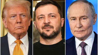 In this combination of file photos, President Donald Trump, left, and Ukraine's President Volodymyr Zelenskyy, center, are seen at the Elysee Palace. (AP File) In this combination of file photos, President Donald Trump, left, and Ukraine's President Volodymyr Zelenskyy, center, are seen at the Elysee Palace. (AP File)