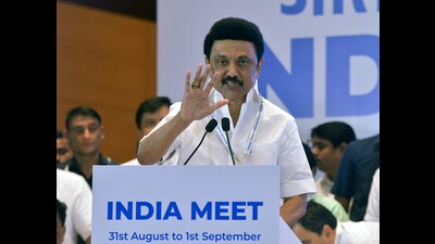 Tamil Nadu CM MK Stalin addresses during a press conference of the Opposition's Indian National Developmental Inclusive Alliance (INDIA) leaders meet, in Mumbai on Friday. (ANI) Tamil Nadu CM MK Stalin addresses during a press conference of the Opposition's Indian National Developmental Inclusive Alliance (INDIA) leaders meet, in Mumbai on Friday. (ANI)