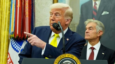 President Donald Trump speaks with reporters during a swearing in ceremony for Dr. Mehmet Oz (AP) President Donald Trump speaks with reporters during a swearing in ceremony for Dr. Mehmet Oz (AP)