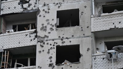 A damaged residential building following a missile attack in Kharkiv, amid the Russian invasion of Ukraine. Russian strikes killed two people and wounded at least 27 others overnight in Kharkiv and Sumy in northeastern Ukraine, authorities said on April 18, 2025. (AFP) A damaged residential building following a missile attack in Kharkiv, amid the Russian invasion of Ukraine. Russian strikes killed two people and wounded at least 27 others overnight in Kharkiv and Sumy in northeastern Ukraine, authorities said on April 18, 2025. (AFP)