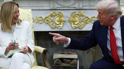 US President Donald Trump meets with Italian Prime Minister Giorgia Meloni in the Oval Office at the White House in Washington, DC. on April 17, 2025. (REUTERS)