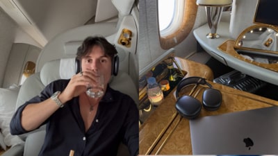 The Australian CEO shared photos of his father relaxing in a private first-class pod. (Thread/thejakebass) The Australian CEO shared photos of his father relaxing in a private first-class pod. (Thread/thejakebass)