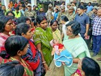 National Commission for Women (NCW) Chairperson Vijaya Rahatkar meets the families affected by the Murshidabad violence at a shelter home, in Malda on Friday.