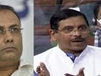 Congress leader Dinesh Gundu Rao L), BJP leader Prahlad Joshi (R)