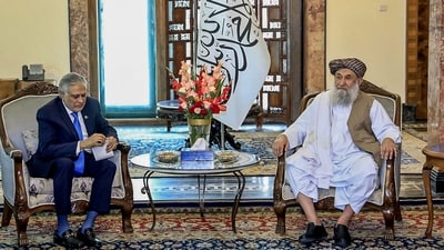 Afghan Prime Minister Hassan Akhund (R) and Pakistan's Foreign Minister Ishaq Dar during a bilateral meeting in Kabul. Dar flew to Kabul for a day-long visit on April 19. (AFP) Afghan Prime Minister Hassan Akhund (R) and Pakistan's Foreign Minister Ishaq Dar during a bilateral meeting in Kabul. Dar flew to Kabul for a day-long visit on April 19. (AFP)