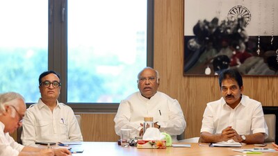 Congress President Mallikarjun Kharge with Party General Secretary (Organisation) KC Venugopal and MP Ajay Maken during a meeting of the party General Secretaries, in-charges and heads of various departments, at Indira Bhawan in New Delhi on Saturday. (ANI) Congress President Mallikarjun Kharge with Party General Secretary (Organisation) KC Venugopal and MP Ajay Maken during a meeting of the party General Secretaries, in-charges and heads of various departments, at Indira Bhawan in New Delhi on Saturday. (ANI)