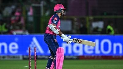 Avesh Khan got rid of Yashavsi Jaiswal for 74 in the 18th over which turned the tide in Luckow's way. (AFP) Avesh Khan got rid of Yashavsi Jaiswal for 74 in the 18th over which turned the tide in Luckow's way. (AFP)