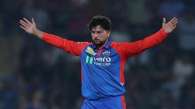 Delhi Capitals' Kuldeep Yadav celebrates after taking the wicket of Mumbai Indians' Suryakumar Yadav. (REUTERS) Delhi Capitals' Kuldeep Yadav celebrates after taking the wicket of Mumbai Indians' Suryakumar Yadav. (REUTERS)