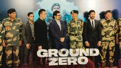 Emraan Hashmi and Ground Zero's producers with BSF officials at the film's premiere in Srinagar.