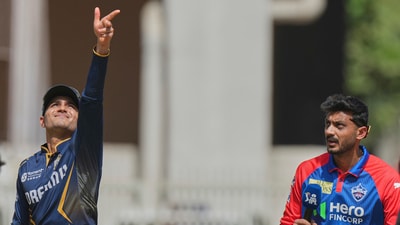 Shubman Gill and Axar Patel at the toss on a day which would see exceedinly hot temperatures during the day game. Gill won the toss and put DC in to bat. (AP) Shubman Gill and Axar Patel at the toss on a day which would see exceedinly hot temperatures during the day game. Gill won the toss and put DC in to bat. (AP)