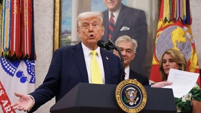 US President Donald Trump during a swearing-in ceremony for Mehmet Oz, administrator of the Centers for Medicare & Medicaid Services, in the Oval Office of the White House in Washington, DC, US, on Friday, April 18, 2025. (Bloomberg)