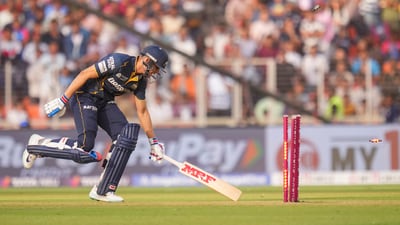 Shubman Gill was run out early in the piece from a Karun Nair direct hit, leaving GT at 14-1. Gill's early dismissal gave GT a crack in the strong GT top three, but Sudharsan and Buttler's partnership steadied the ship. (PTI) Shubman Gill was run out early in the piece from a Karun Nair direct hit, leaving GT at 14-1. Gill's early dismissal gave GT a crack in the strong GT top three, but Sudharsan and Buttler's partnership steadied the ship. (PTI)