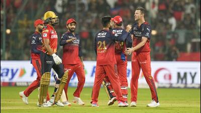 RCB's Josh Hazelwood celebrates the wicket of PBKS' Shreyas Iyer in Bengaluru on Friday. (PTI) RCB's Josh Hazelwood celebrates the wicket of PBKS' Shreyas Iyer in Bengaluru on Friday. (PTI)