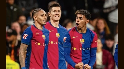 Raphinha, Lewandowski and Yamal at a Champions League game. (Image: FCBarcelona.com) Raphinha, Lewandowski and Yamal at a Champions League game. (Image: FCBarcelona.com)