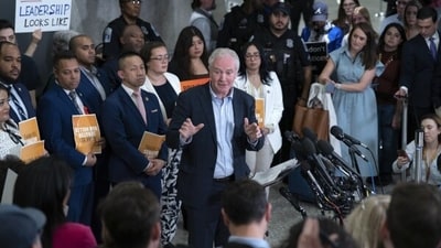 Van Hollen claimed that he realised that he had been set up when El Salvador President Bukele shared pictures of his encounter with the Maryland man on X with the caption that Abrego Garcia was "miraculously risen from the 'death camps' & 'torture,' now sipping margaritas with Sen. Van Hollen in the tropical paradise of El Salvador!" he recognized he had been set up. (AP) Van Hollen claimed that he realised that he had been set up when El Salvador President Bukele shared pictures of his encounter with the Maryland man on X with the caption that Abrego Garcia was "miraculously risen from the 'death camps' & 'torture,' now sipping margaritas with Sen. Van Hollen in the tropical paradise of El Salvador!" he recognized he had been set up. (AP)