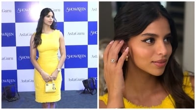 Suhana Khan wore a yellow dress at an event in Mumbai on April 18. (Pic on right: Instagram/ Suhana Khan) Suhana Khan wore a yellow dress at an event in Mumbai on April 18. (Pic on right: Instagram/ Suhana Khan)