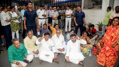 West Bengal BJP President and Union Minister Sukanta Majumdar, along with victims of Murshidabad violence, during a sit-in protest outside Bhawani Bhawan on April 16. (ANI)