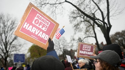 Demonstrators rally in a protest organized by the City of Cambridge calling on Harvard leadership to resist interference at the university by the federal government in Massachusetts, on April 12, 2025. (File/REUTERS)