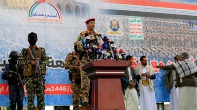 US strikes on a Yemeni fuel port killed at least 74 people, claimed Huthi rebels after the deadliest attack of Washington's 15-month campaign against the Iran-backed group. Brigadier Yahya Saree Qasim, the spokesman for Yemen's Huthis, speaks during a protest to denounce US airstrikes on Yemen, in Sanaa on April 18, 2025. (Photo by MOHAMMED HUWAIS / AFP) (AFP) US strikes on a Yemeni fuel port killed at least 74 people, claimed Huthi rebels after the deadliest attack of Washington's 15-month campaign against the Iran-backed group. Brigadier Yahya Saree Qasim, the spokesman for Yemen's Huthis, speaks during a protest to denounce US airstrikes on Yemen, in Sanaa on April 18, 2025. (Photo by MOHAMMED HUWAIS / AFP) (AFP)