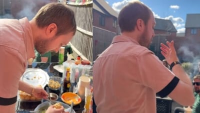 A British man went viral after his Indian wife filmed him joyfully eating golgappe. (Instagram/that_britishindian_couple) A British man went viral after his Indian wife filmed him joyfully eating golgappe. (Instagram/that_britishindian_couple)