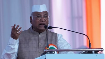 Congress Party President Mallikarjun Kharge speaks during All India Congress Committee's national convention in Ahmedabad. (AP FILE) Congress Party President Mallikarjun Kharge speaks during All India Congress Committee's national convention in Ahmedabad. (AP FILE)