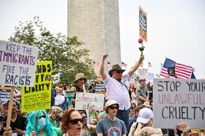 Protesters expressing disappointment with Donald Trump's presidency rallied on the streets across the US. (AFP) Protesters expressing disappointment with Donald Trump's presidency rallied on the streets across the US. (AFP)