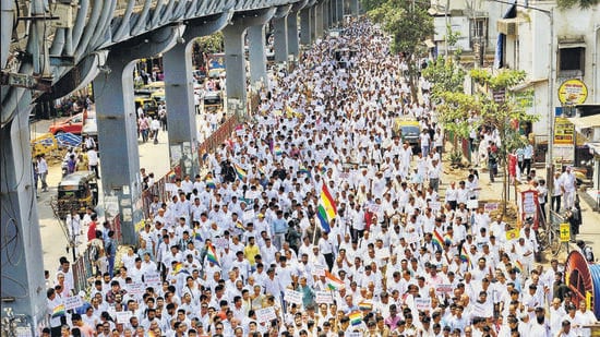 Mumbai--- 90-year-old Jain temple demolished in Mumbai's Vile Parle, Jain community holds protest rally at Vile Pare in Mumbai, India. HT Photo