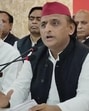 Samajwadi Party chief Akhilesh Yadav talking to media persons in Prayagraj on April 20. (HT photo)